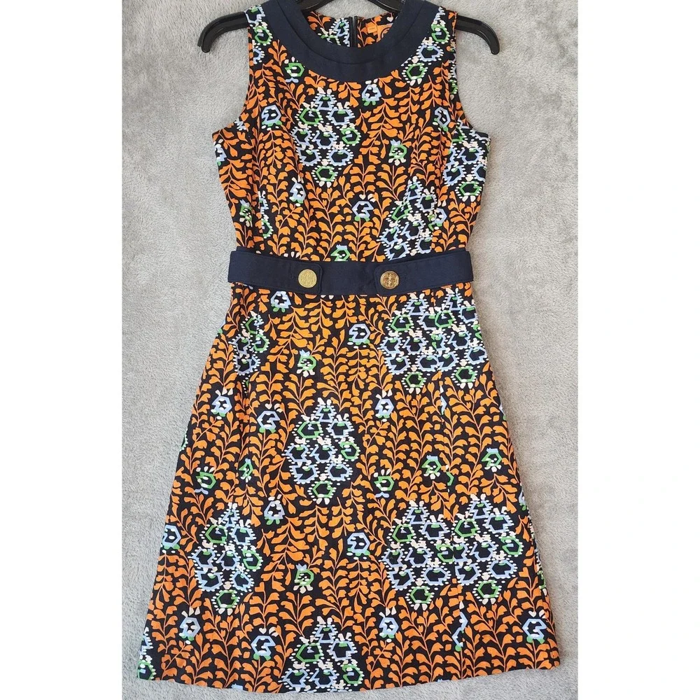 Tory Burch Dress Womens Size 2 Orange Navy Linen Floral‎ Shift Logo Buttons